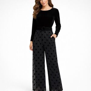 Vtg Dennis Goldsmith Womens Velvet Jumpsuit Sz 10 Black Belted Polka Dot Palazzo